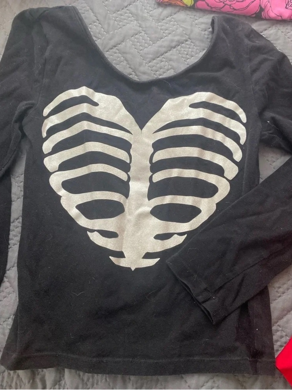 Black Kids Long-Sleeve Top with Silver Heart Ribcage Graphic